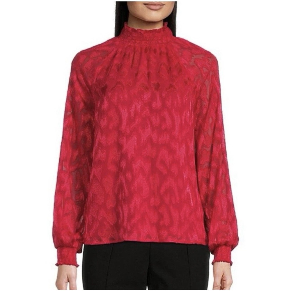 Calvin Klein Women's High Neck Red Ruffle Blouse Size Large NEW